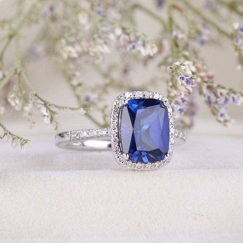 1 CT Cushion Cut Blue Sapphire Diamond White Gold Over On 925 Sterling Silver Halo Wedding Ring