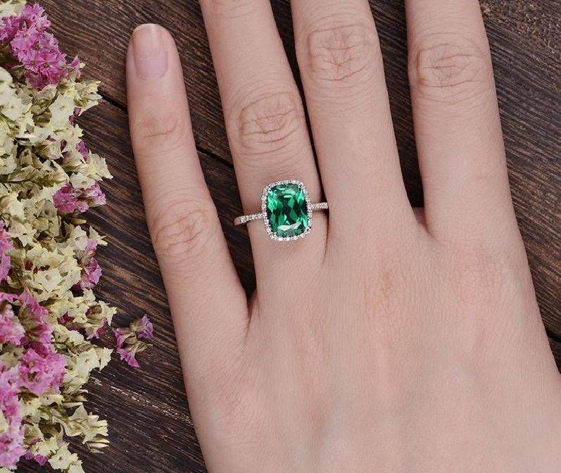 3.20 Ct Cushion Cut Green Emerald White Gold Over On 925 Sterling Silver Halo Ring
