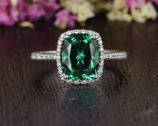 3.20 Ct Cushion Cut Green Emerald White Gold Over On 925 Sterling Silver Halo Ring
