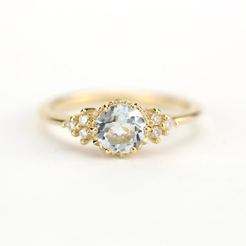 1 CT Round Cut Aquamarine Diamond Yellow Gold Over On 925 Sterling Silver Vintage Engagement Ring