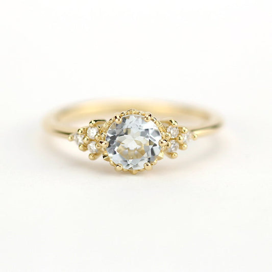 1 CT Round Cut Aquamarine Diamond Yellow Gold Over On 925 Sterling Silver Vintage Engagement Ring