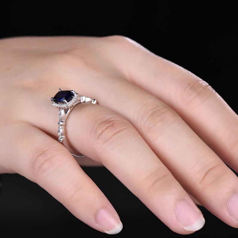 2 CT Cushion Cut Blue Sapphire Diamond 925 Sterling Silver Halo Engagement Ring,