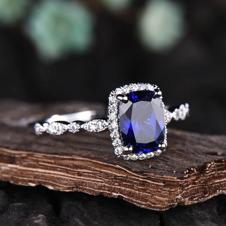 2 CT Cushion Cut Blue Sapphire Diamond 925 Sterling Silver Halo Engagement Ring,