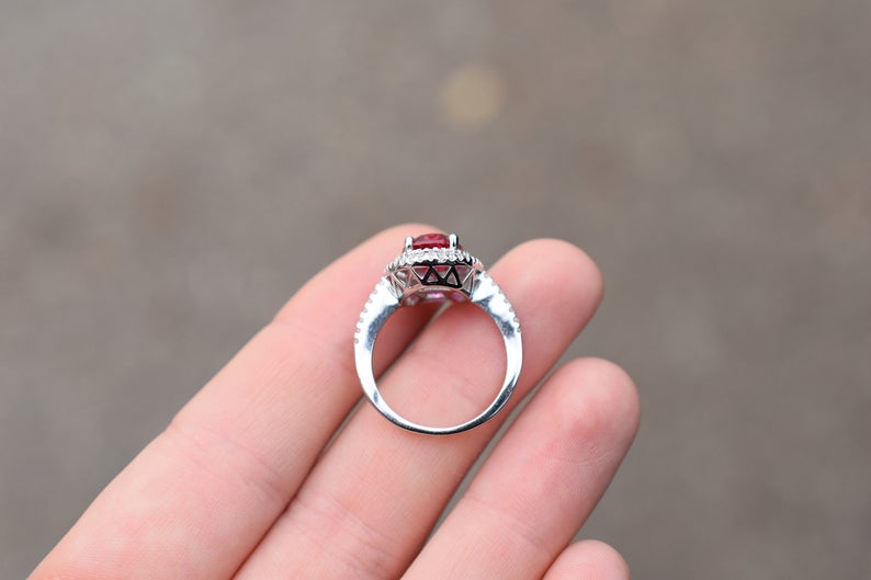 2.50 CT Oval Cut Red Ruby Diamond 925 Sterling Silver Halo Anniversary Ring