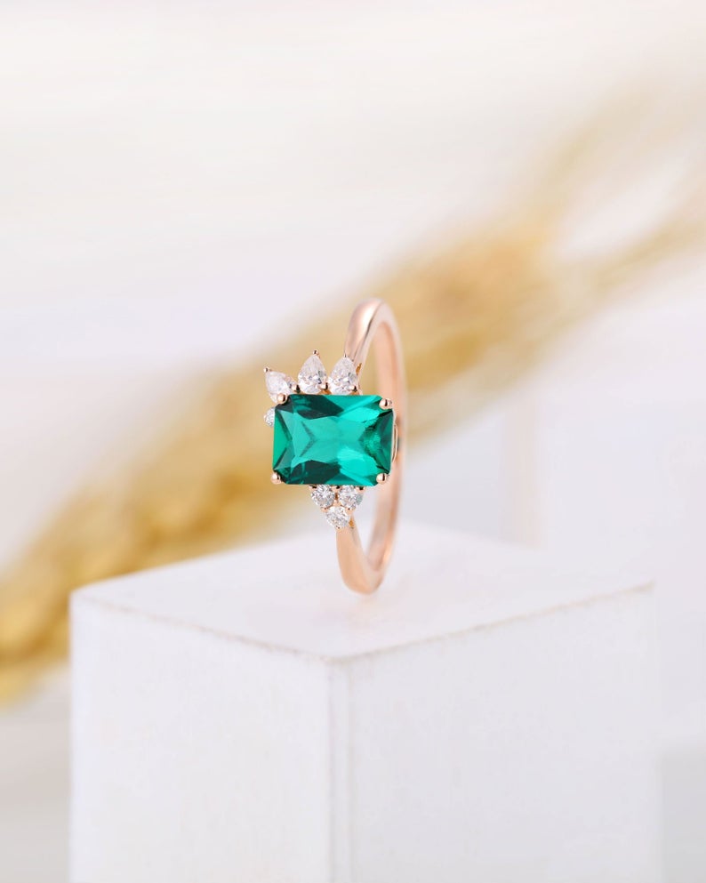 2.50 CT Emerald Cut Green Emerald Rose Gold Over On 925 Sterling Silver Cluster Engagement Ring