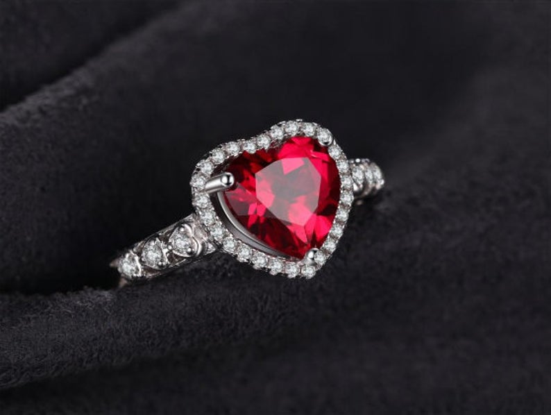1 CT Heart Cut Red Ruby Diamond 925 Sterling Silver Halo Ring Valentine's Gift