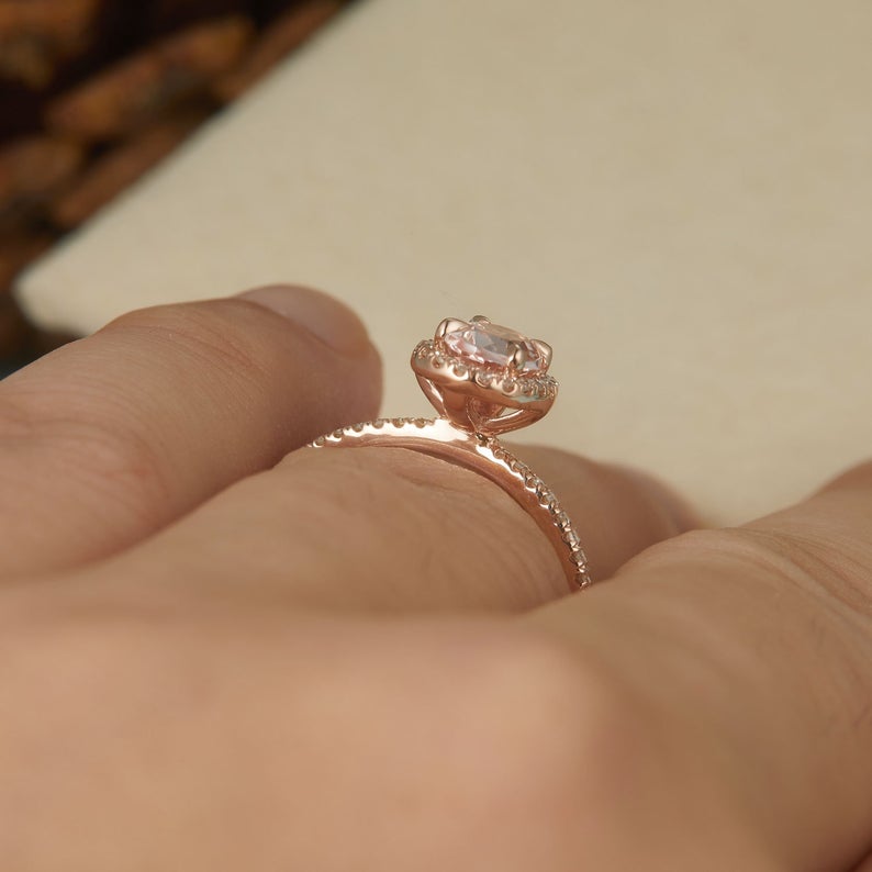 1 CT Oval Cut Pink Morganite Diamond Rose Gold Over On 925 Sterling Silver Halo Anniversary Ring