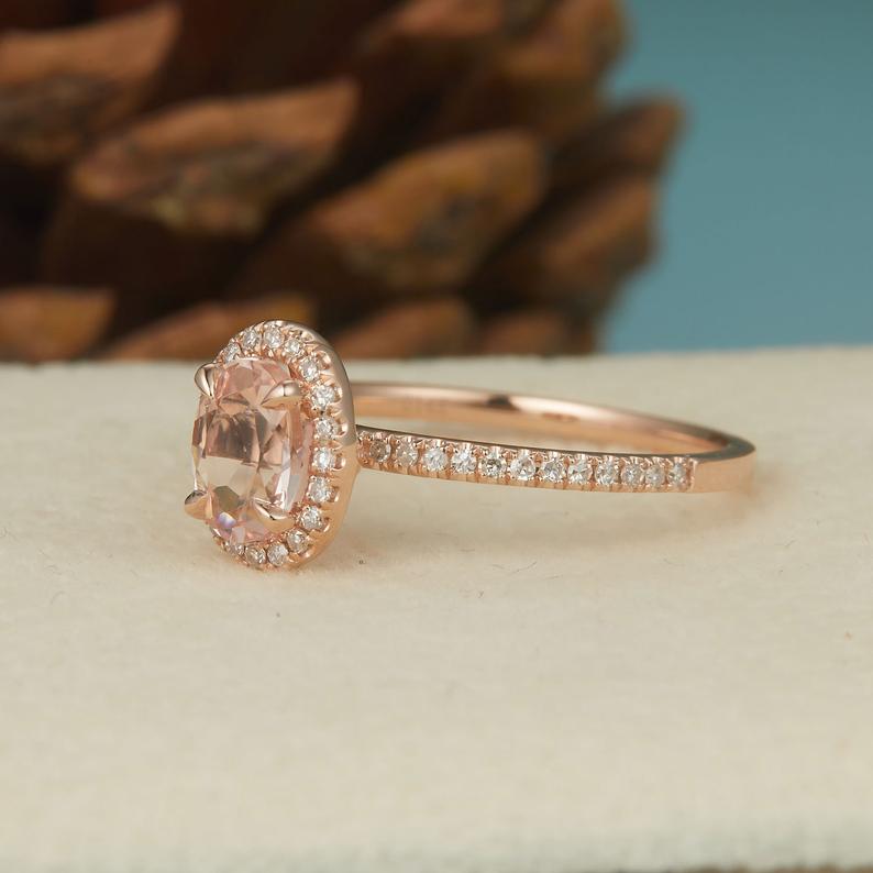 1 CT Oval Cut Peach Morganite Diamond Rose Gold Over On 925 Sterling Silver Halo Wedding Ring