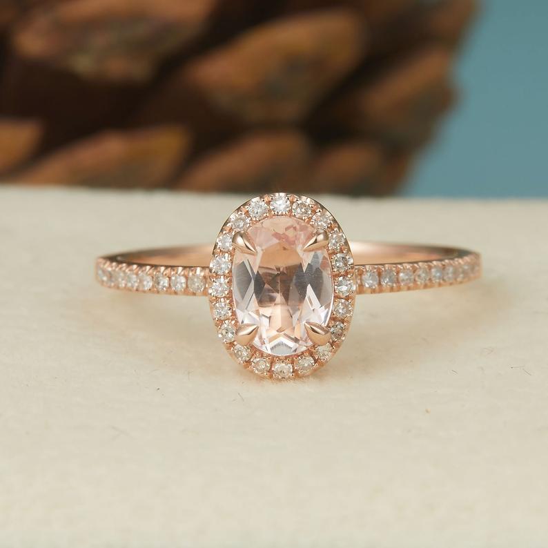 1 CT Oval Cut Peach Morganite Diamond Rose Gold Over On 925 Sterling Silver Halo Wedding Ring