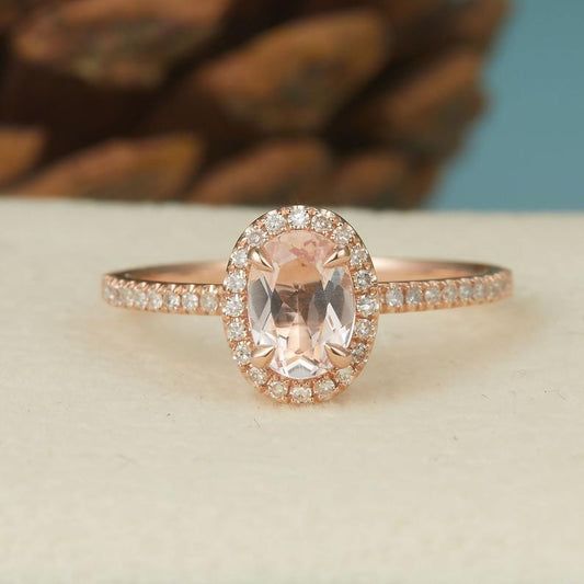 1 CT Oval Cut Peach Morganite Diamond Rose Gold Over On 925 Sterling Silver Halo Wedding Ring