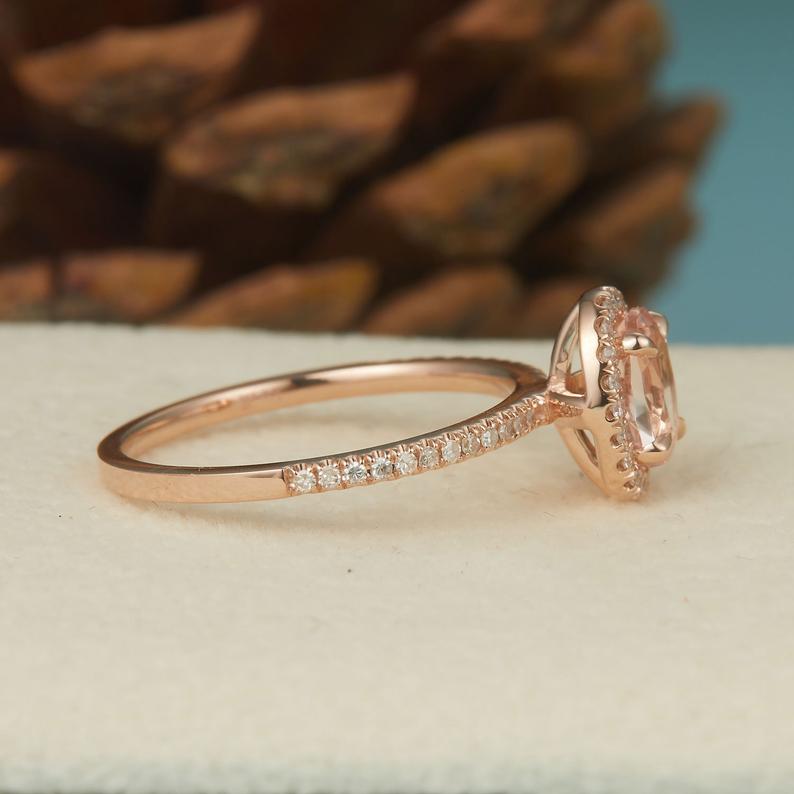 1 CT Oval Cut Peach Morganite Diamond Rose Gold Over On 925 Sterling Silver Halo Wedding Ring