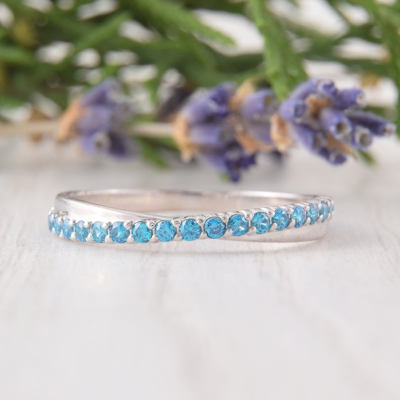 0.75 CT Round Cut Blue Topaz Diamond 925 Sterling Silver Half Eternity Women Wedding Band Ring