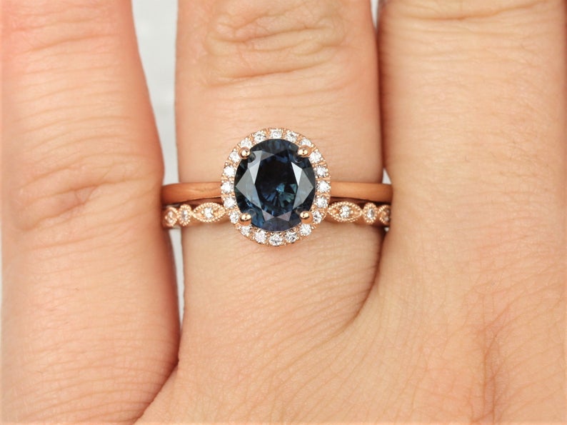 1 CT Round Cut Blue Sapphire Diamond 925 Sterling Silver Wedding Bridal Ring Set