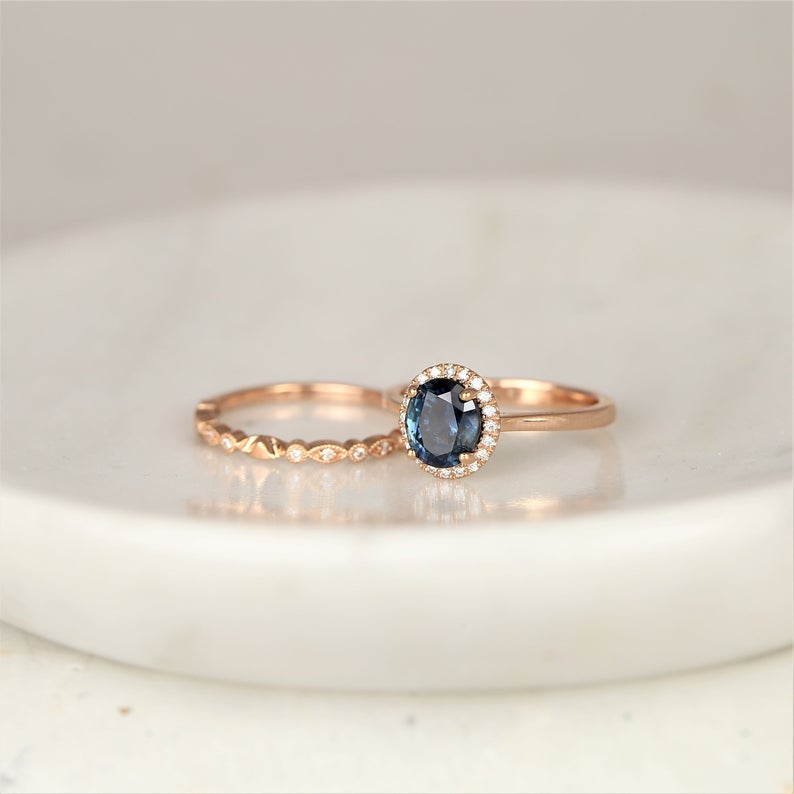 1 CT Round Cut Blue Sapphire Diamond 925 Sterling Silver Wedding Bridal Ring Set