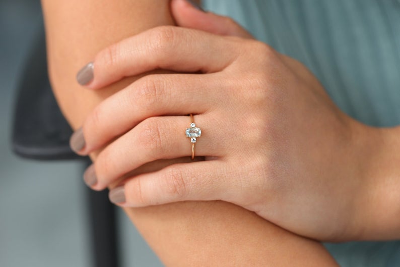 1 CT Oval Cut Aquamarine Diamond Rose Gold Over On 925 Sterling Silver Three Stone Promise ring - atjewels.in