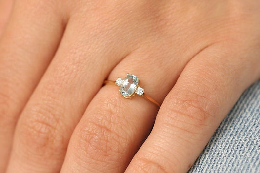 1 CT Oval Cut Aquamarine Diamond Rose Gold Over On 925 Sterling Silver Three Stone Promise ring - atjewels.in