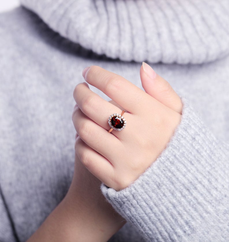 1 CT Oval Cut Red Garnet Diamond Rose Gold Over On 925 Sterling Silver Women Halo Anniversary Ring