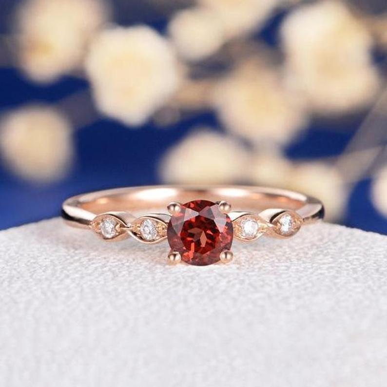 1 Ct Round Cut Red Garnet & White CZ Solitaire W/Accents Promise Ring In 925 Sterling Silver