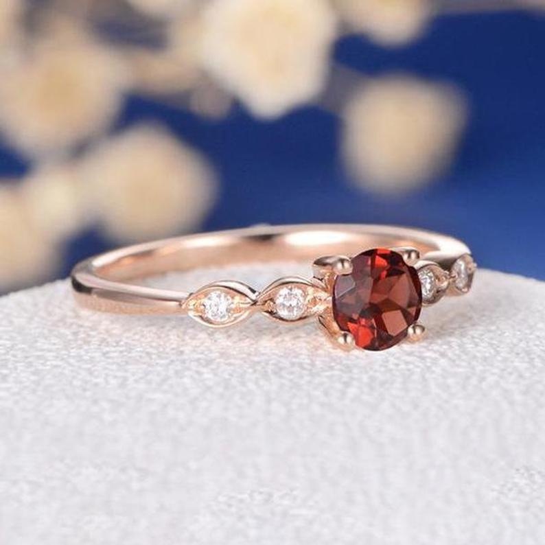 1 Ct Round Cut Red Garnet & White CZ Solitaire W/Accents Promise Ring In 925 Sterling Silver