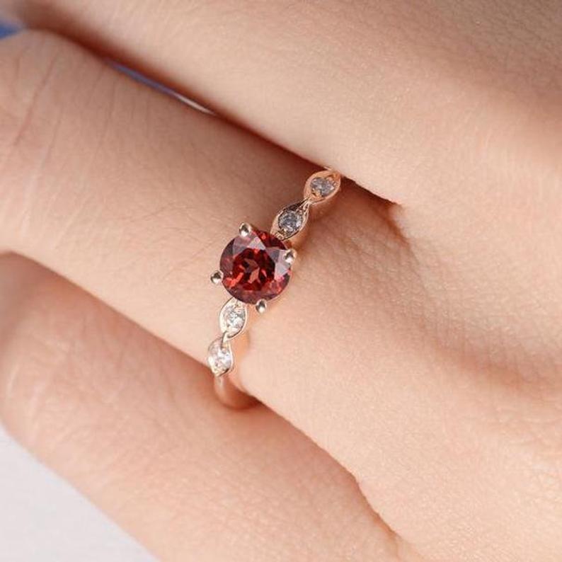 1 Ct Round Cut Red Garnet & White CZ Solitaire W/Accents Promise Ring In 925 Sterling Silver