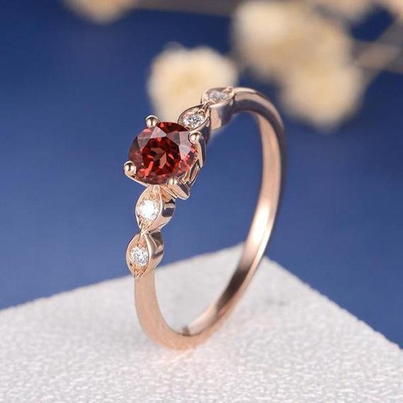 1 Ct Round Cut Red Garnet & White CZ Solitaire W/Accents Promise Ring In 925 Sterling Silver