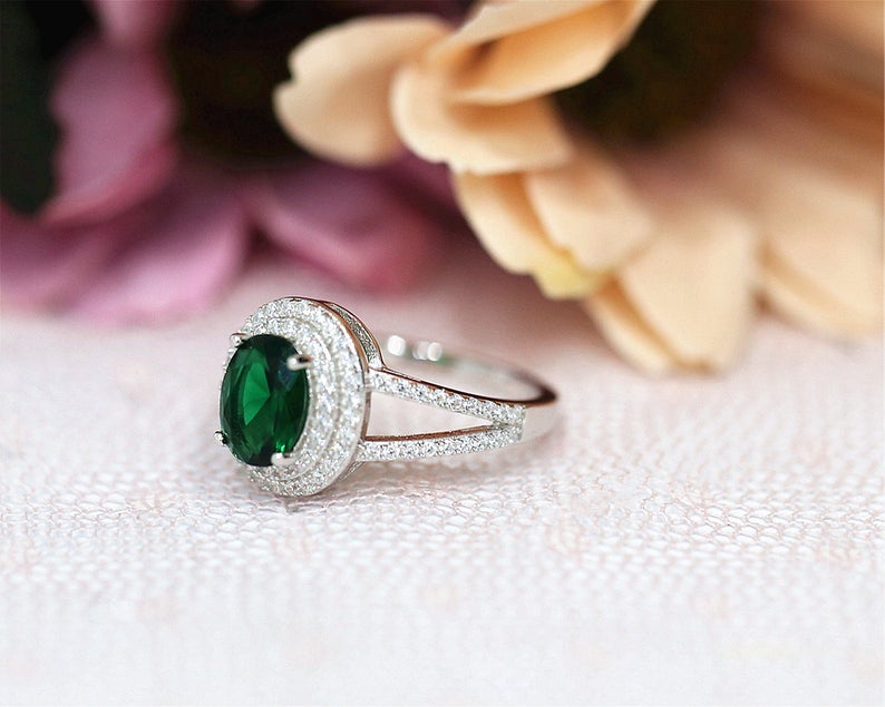 1 CT Oval Cut Emerald Diamond White Gold Over On 925 Sterling Silver Double Halo Engagement Ring