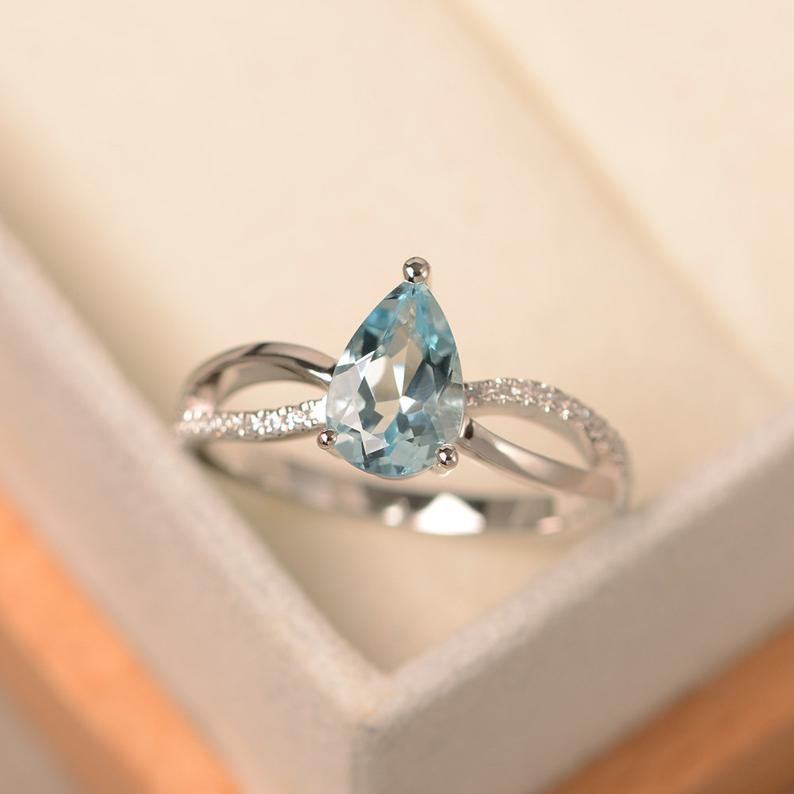 1.25 Ct Pear Cut Aquamarine 925 Sterling Silver Split Shank Engagement Ring