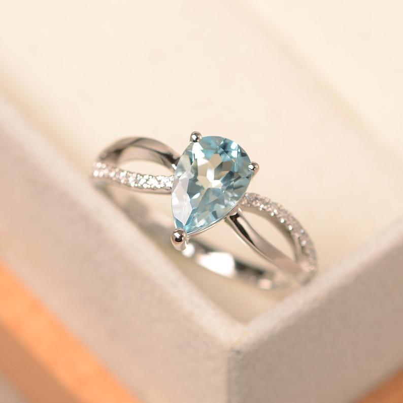 1.25 Ct Pear Cut Aquamarine 925 Sterling Silver Split Shank Engagement Ring