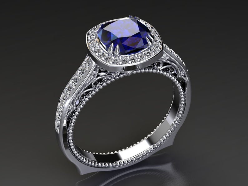 1 CT Cushion Cut Blue Sapphire And Diamond White Gold Over On 925 Sterling Silver Halo Engagement Ring