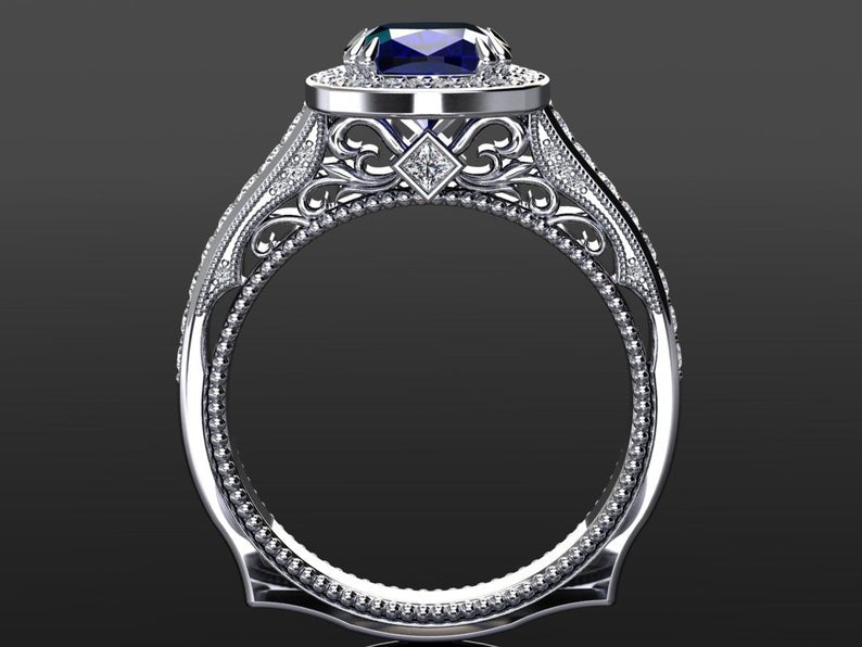 1 CT Cushion Cut Blue Sapphire And Diamond White Gold Over On 925 Sterling Silver Halo Engagement Ring