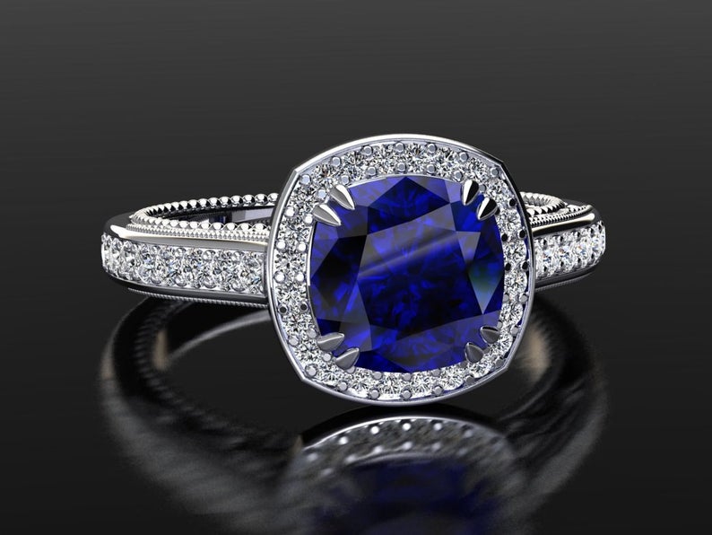 1 CT Cushion Cut Blue Sapphire And Diamond White Gold Over On 925 Sterling Silver Halo Engagement Ring