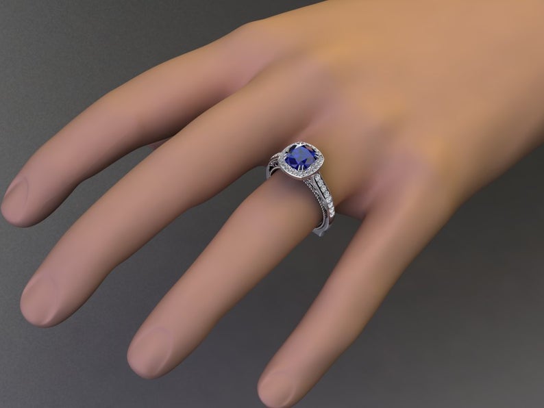 1 CT Cushion Cut Blue Sapphire And Diamond White Gold Over On 925 Sterling Silver Halo Engagement Ring