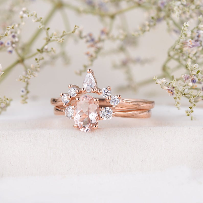 1 CT Oval Cut Morganite Diamond Rose Gold Over On 925 Sterling Silver Halo Bridal Ring Set