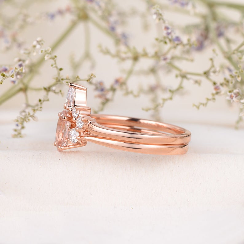 1 CT Oval Cut Morganite Diamond Rose Gold Over On 925 Sterling Silver Halo Bridal Ring Set