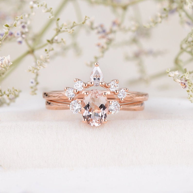 1 CT Oval Cut Morganite Diamond Rose Gold Over On 925 Sterling Silver Halo Bridal Ring Set