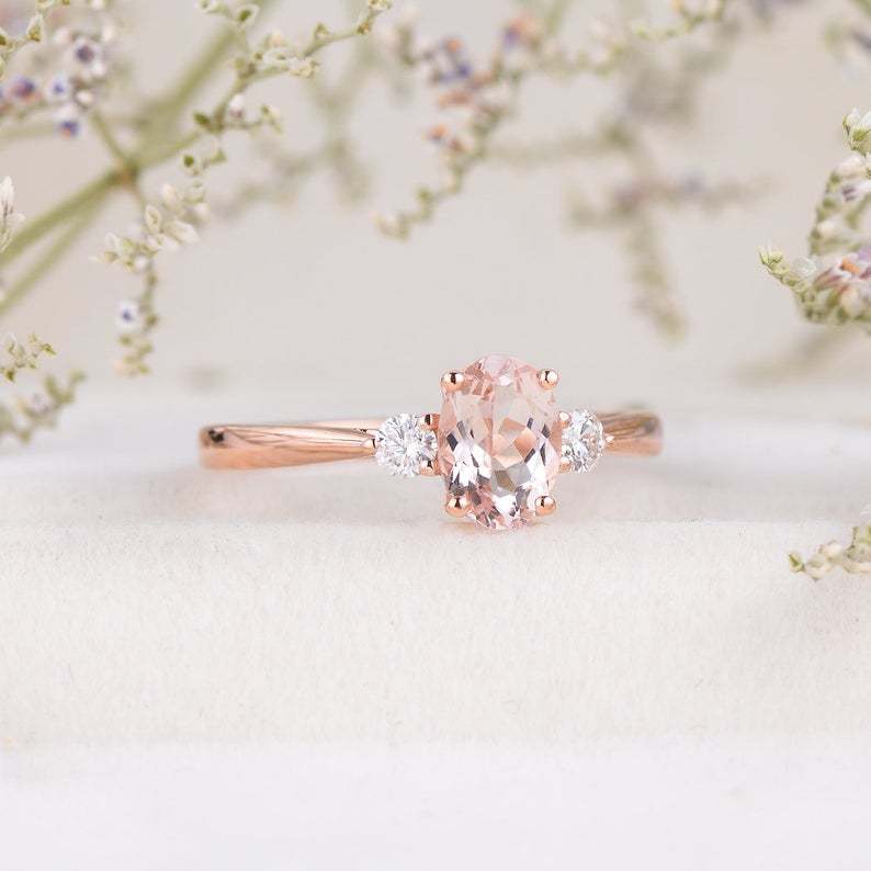 1.50 Ct Oval Cut Morganite & Round CZ Three-Stone Pretty Promise Gift Ring In 925 Sterling Silver