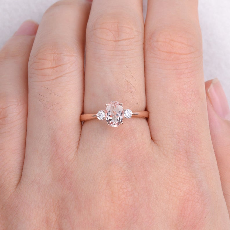 1.50 Ct Oval Cut Morganite & Round CZ Three-Stone Pretty Promise Gift Ring In 925 Sterling Silver