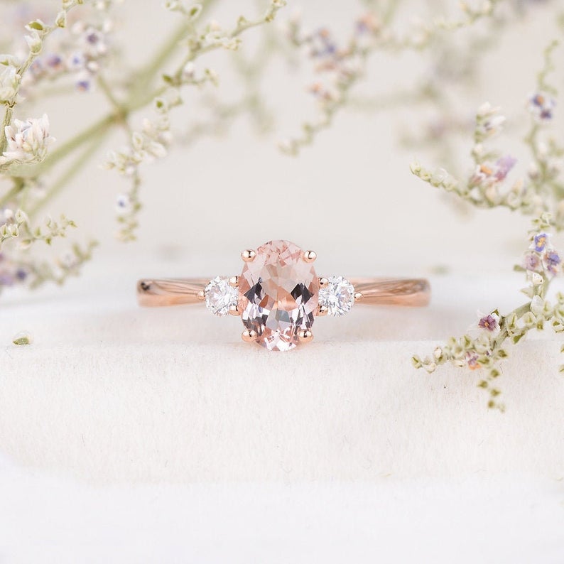 1.50 Ct Oval Cut Morganite & Round CZ Three-Stone Pretty Promise Gift Ring In 925 Sterling Silver