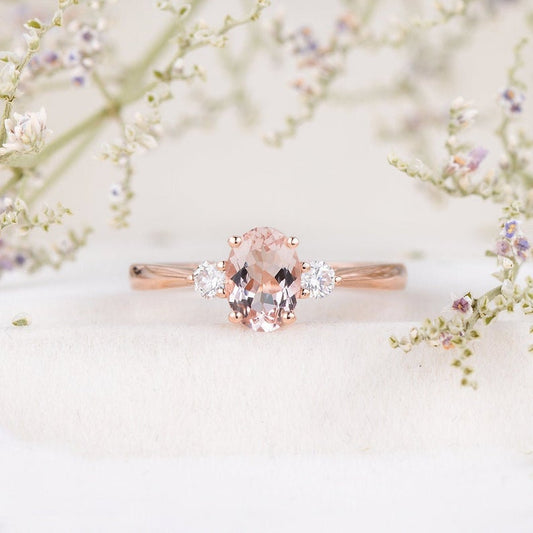 1.50 Ct Oval Cut Morganite & Round CZ Three-Stone Pretty Promise Gift Ring In 925 Sterling Silver