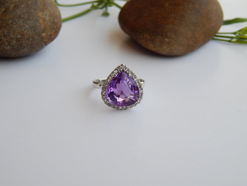 3 CT Pear Cut Amethyst Diamond 925 Sterling Silver Halo Anniversary Ring