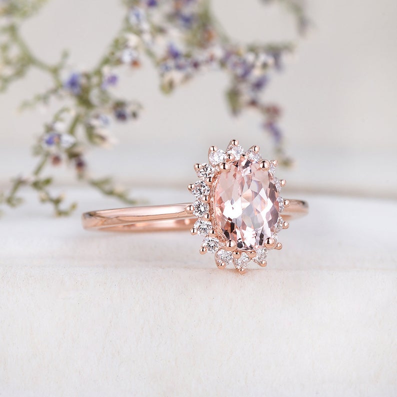 1 CT Oval Cut Morganite Diamond Rose Gold Over On 925 Sterling Silver Women Halo Wedding Ring