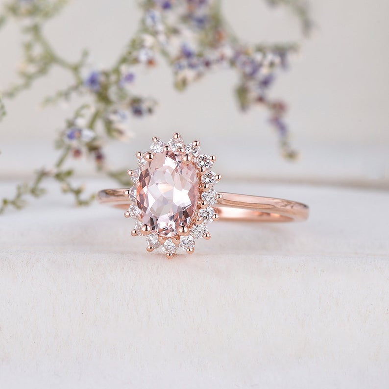 1 CT Oval Cut Morganite Diamond Rose Gold Over On 925 Sterling Silver Halo Wedding Ring