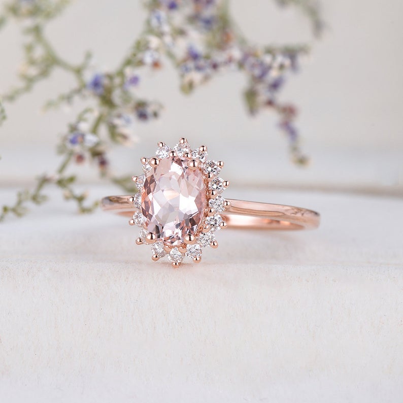 1 CT Oval Cut Morganite Diamond Rose Gold Over On 925 Sterling Silver Women Halo Wedding Ring