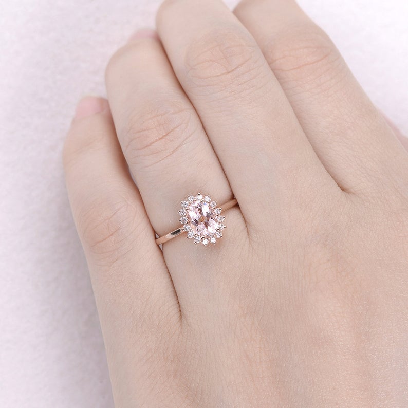 1 CT Oval Cut Morganite Diamond Rose Gold Over On 925 Sterling Silver Women Halo Wedding Ring
