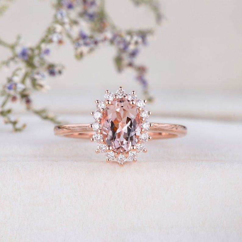 1 CT Oval Cut Morganite Diamond Rose Gold Over On 925 Sterling Silver Halo Wedding Ring