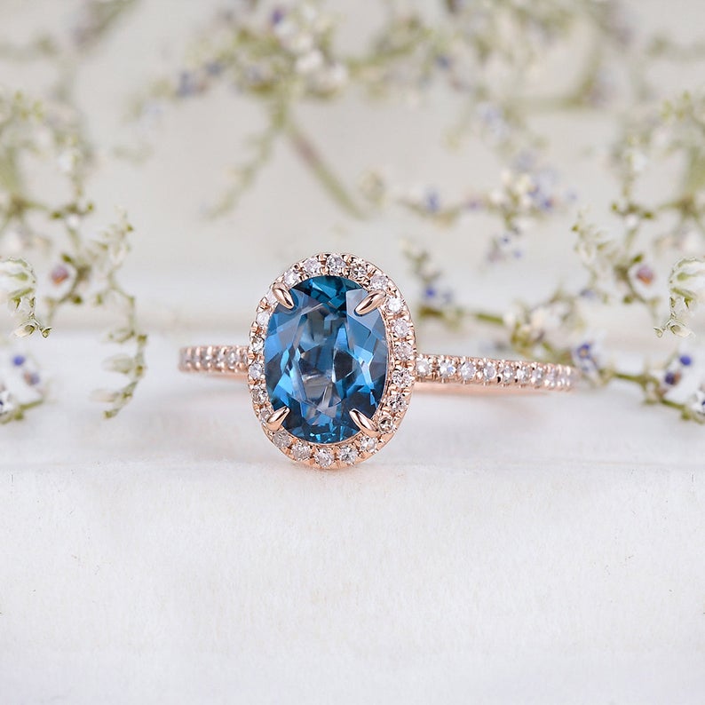 2 CT Oval Cut Blue Topaz Diamond Rose Gold Over On 925 Sterling Silver Woman Wedding Ring