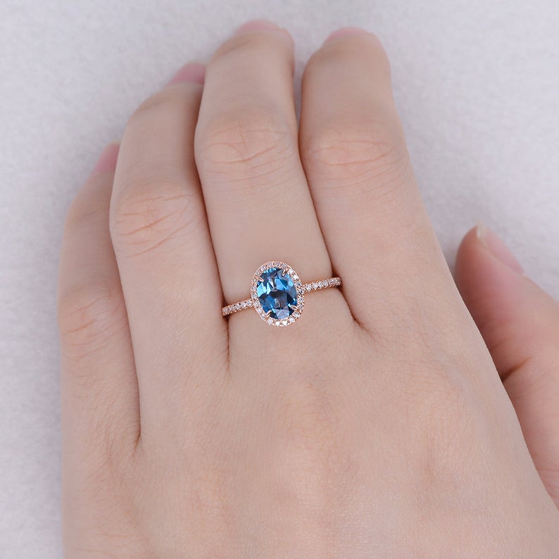 2 CT Oval Cut Blue Topaz Diamond Rose Gold Over On 925 Sterling Silver Woman Wedding Ring