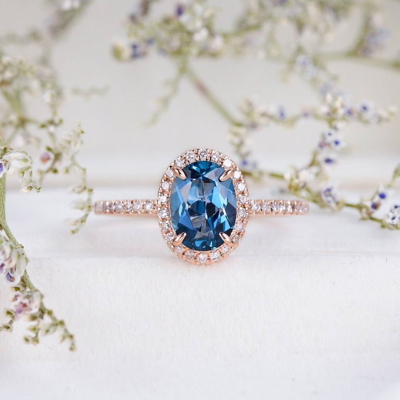 2 CT Oval Cut Blue Topaz Diamond Rose Gold Over On 925 Sterling Silver Woman Wedding Ring