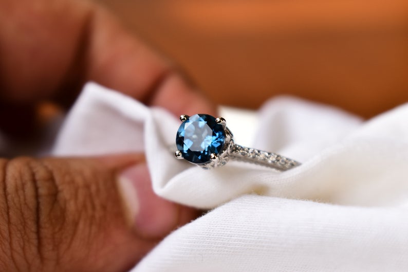 Trillion Blue Topaz Diamond Split Shank Engagement Ring 14K White Gold