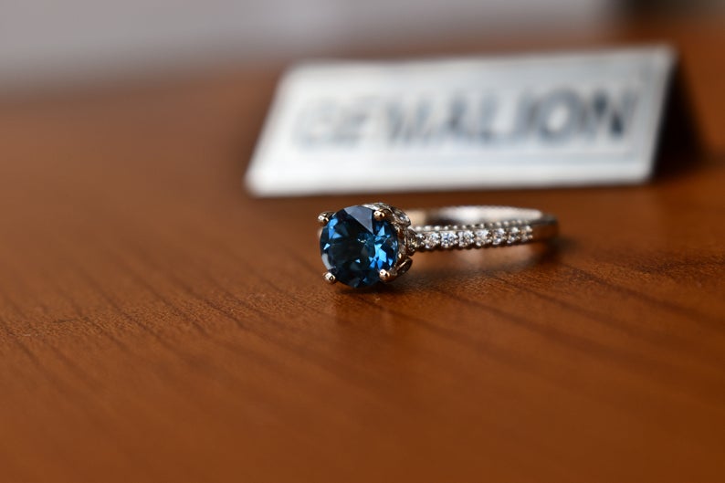 1 CT Round Cut London Blue Topaz Diamond White Gold Over On 925 Sterling Silver Halo Wedding Ring